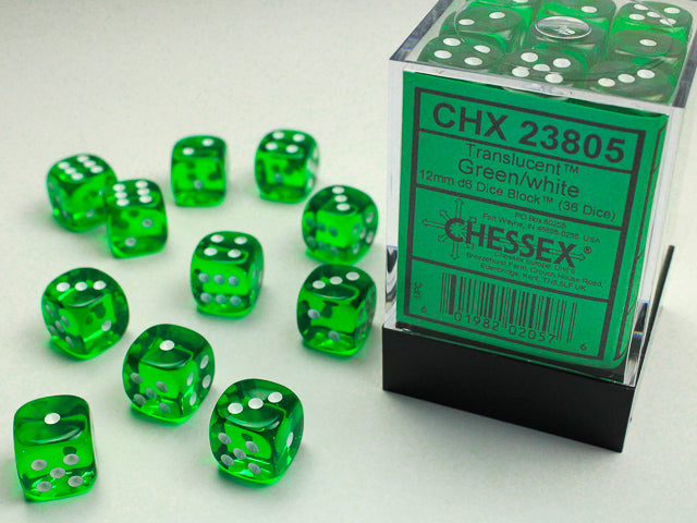 Chessex Dice - Translucent Green/white d6 Dice Block (36 Dice)