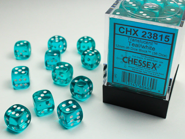 Chessex Dice - Translucent Teal/white d6 Dice Block (36 Dice)
