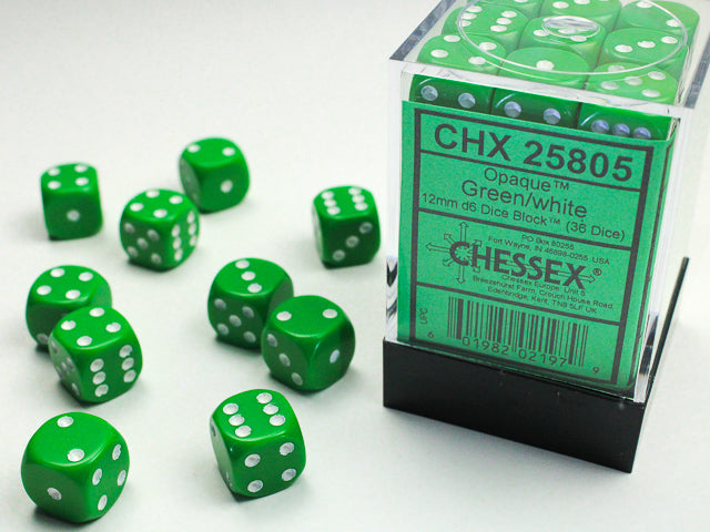 Chessex Dice - Opaque Green/white d6 Dice Block (36 Dice)