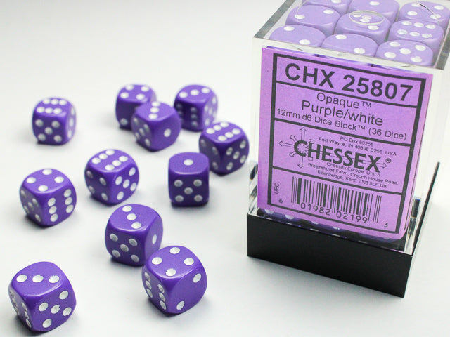 Chessex Dice - Opaque Purple/white d6 Dice Block (36 Dice)
