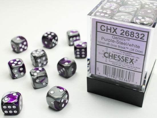 Chessex Dice - Gemini Purple-Steel/white d6 Dice Block (36 Dice)