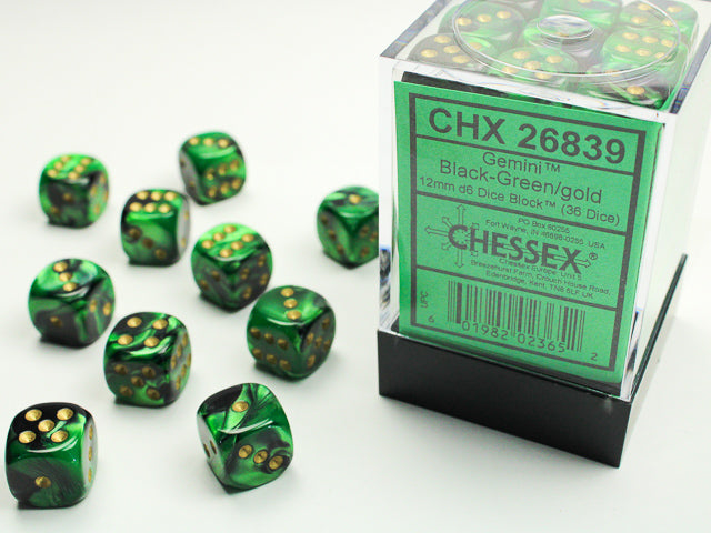 Chessex Dice - Gemini Black-Green/gold d6 Dice Block (36 Dice)