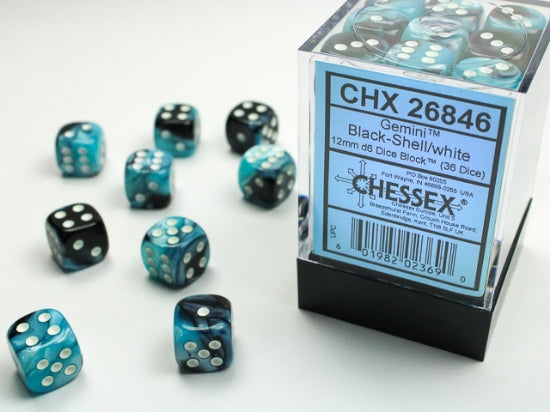 Chessex Dice - Gemini Black-Shell/white d6 Dice Block (36 Dice)