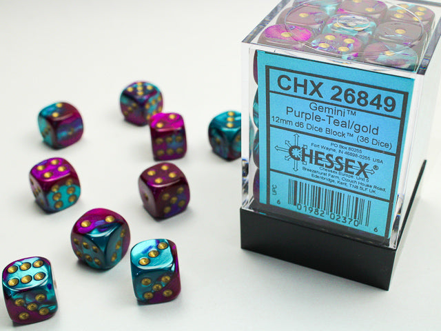 Chessex Dice - Gemini Purple-Teal/gold d6 Dice Block (36 Dice)