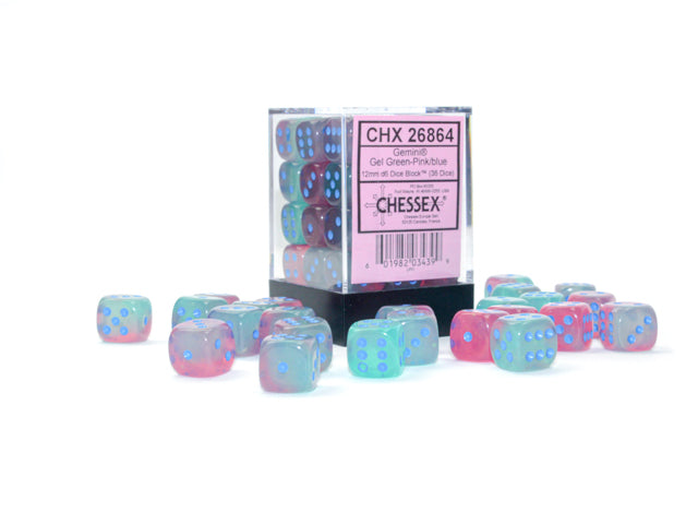 Chessex Dice - Gemini Gel Green-Pink/blue d6 Dice Block (36 Dice)