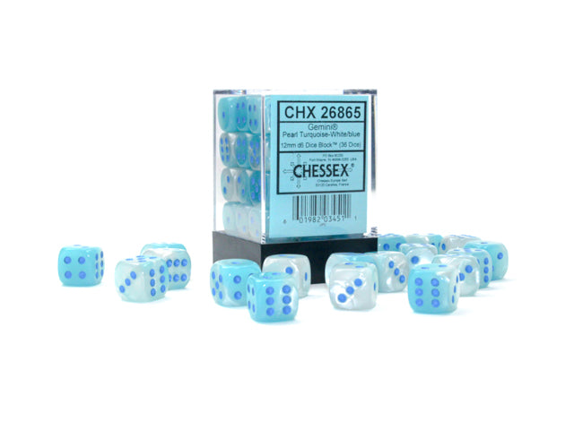 Chessex Dice - Gemini Pearl Turquoise-White/blue d6 Dice Block (36 Dice)