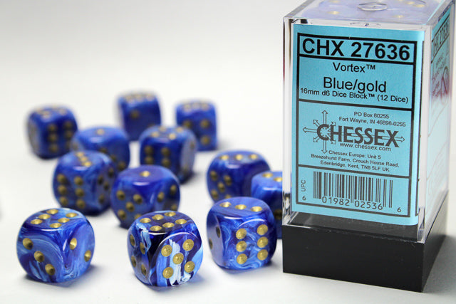 Chessex Dice - Vortex Blue/gold d6 Dice Block (12 Dice)