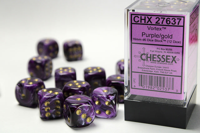 Chessex Dice - Vortex Purple/gold d6 Dice Block (12 Dice)