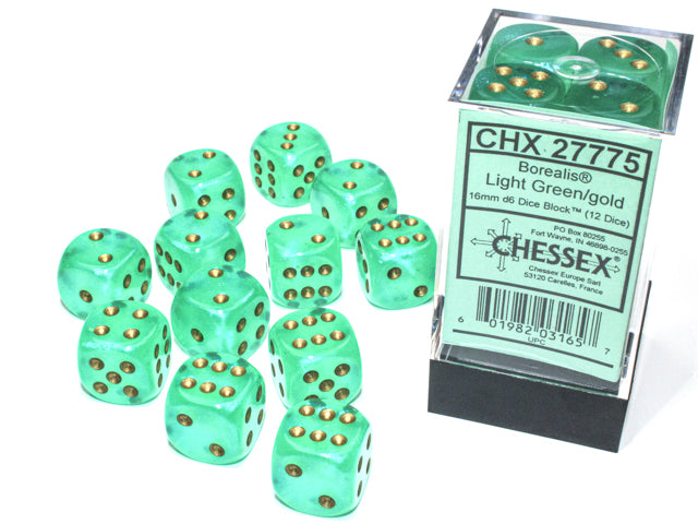 Chessex Dice - Borealis Light Green/gold d6 Dice Block (12 Dice)