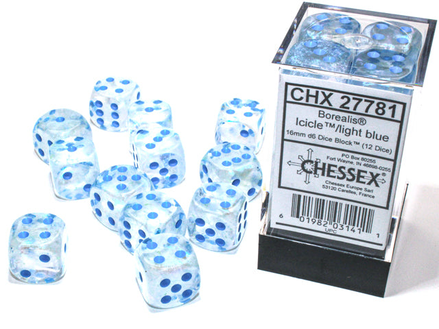 Chessex Dice - Borealis Icicle/light blue d6 Dice Block (12 Dice)