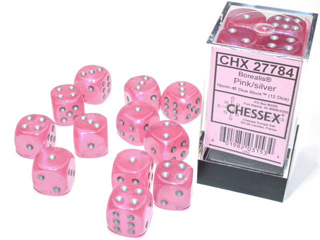 Chessex Dice - Borealis Pink/silver d6 Dice Block (12 Dice)