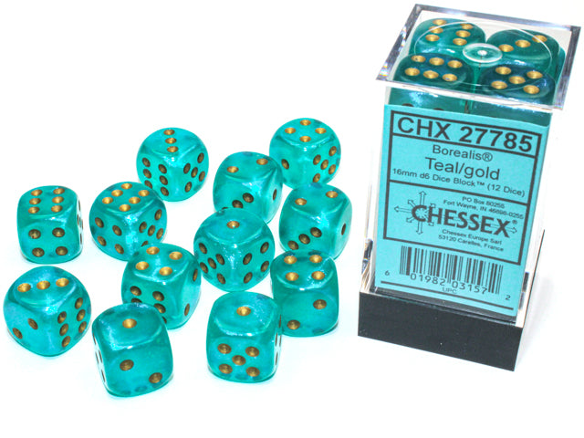 Chessex Dice - Borealis Teal/gold d6 Dice Block (12 Dice)