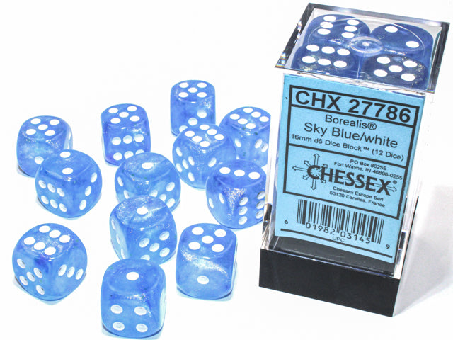 Chessex Dice - Borealis Sky Blue/white d6 Dice Block (12 Dice)