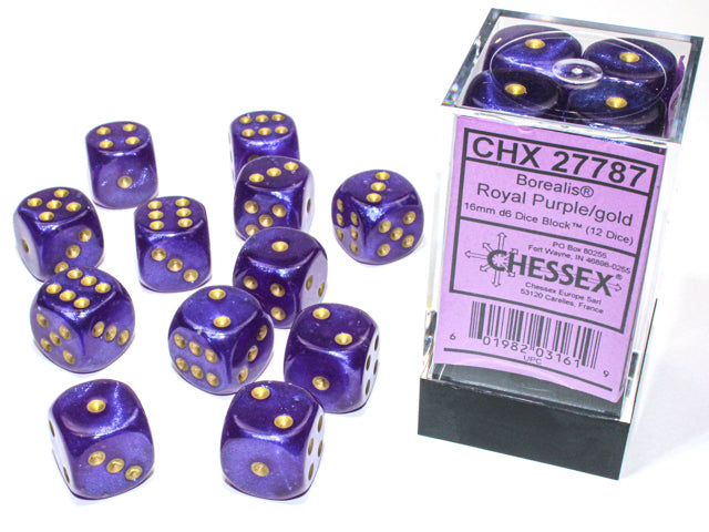 Chessex Dice - Borealis Royal Purple/gold 16mm d6 Dice Block (12 Dice)