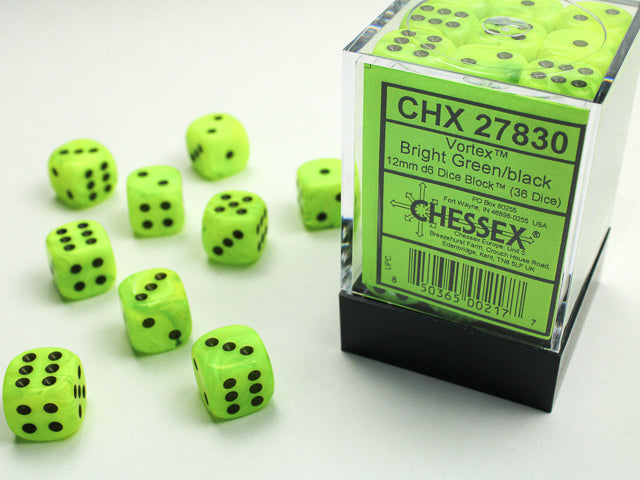 Chessex Dice - Vortex Bright Green/black d6 Dice Block (36 Dice)