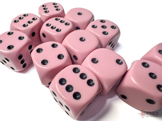 Chessex Dice - Opaque Pastel Pink/black 16mm d6 Dice Block (12 Dice)