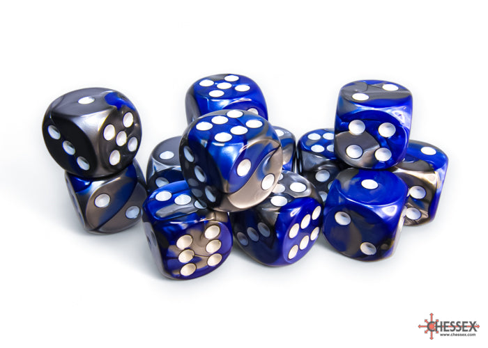 Chessex Dice - Gemini Blue-Steel/White 16mm d6 Dice Block (12 Dice)
