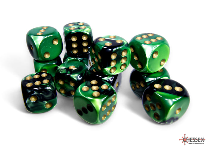 Chessex Dice - Gemini Black-Green/gold d6 Dice Block (12 Dice)