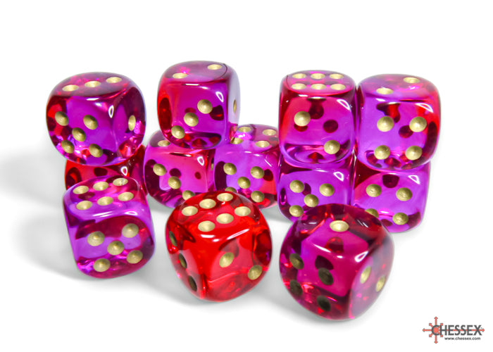 Chessex Dice - Gemini Translucent Red-Violet/Gold 16mm d6 Dice Block (12 Dice)