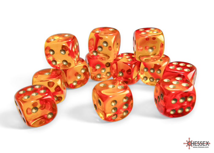 Chessex Dice - Gemini Translucent Red-Yellow/gold d6 Dice Block (12 Dice)