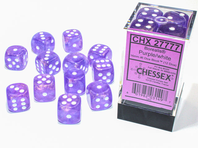 Chessex Dice - Borealis Purple/white d6 Dice Block (12 Dice)