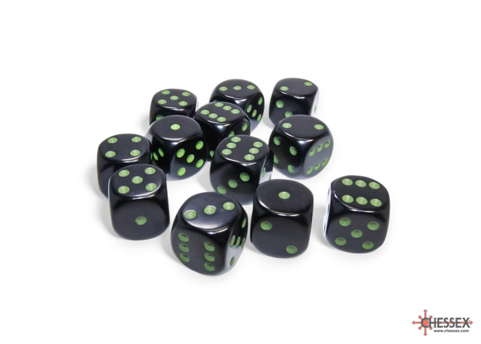 Chessex Dice - Opaque Black/green d6 Dice Block (12 Dice)