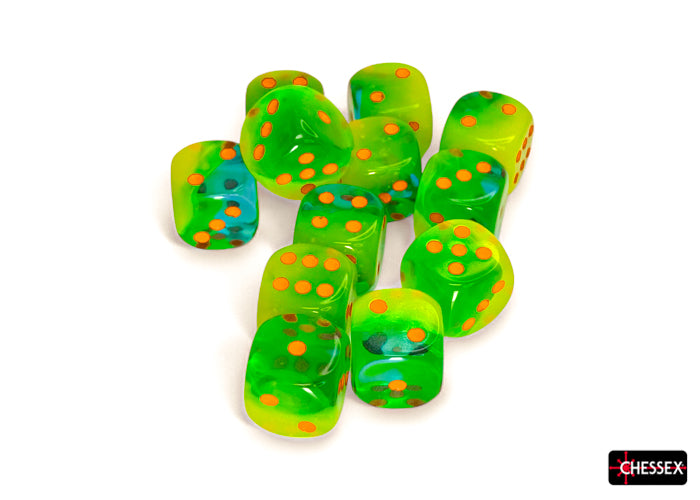 Chessex Dice - Gemini Plasma Green-Teal/orange 16mm d6 Dice Block (12 Dice)