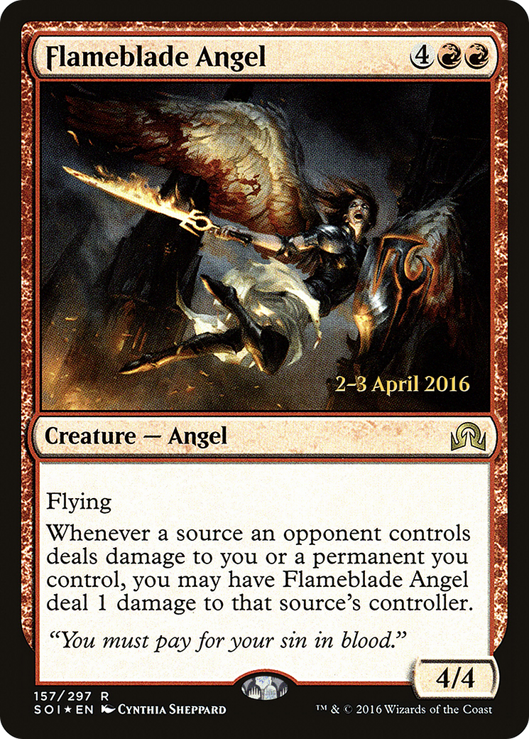 Flameblade Angel (PRE-157) [Shadows over Innistrad Promos] Foil