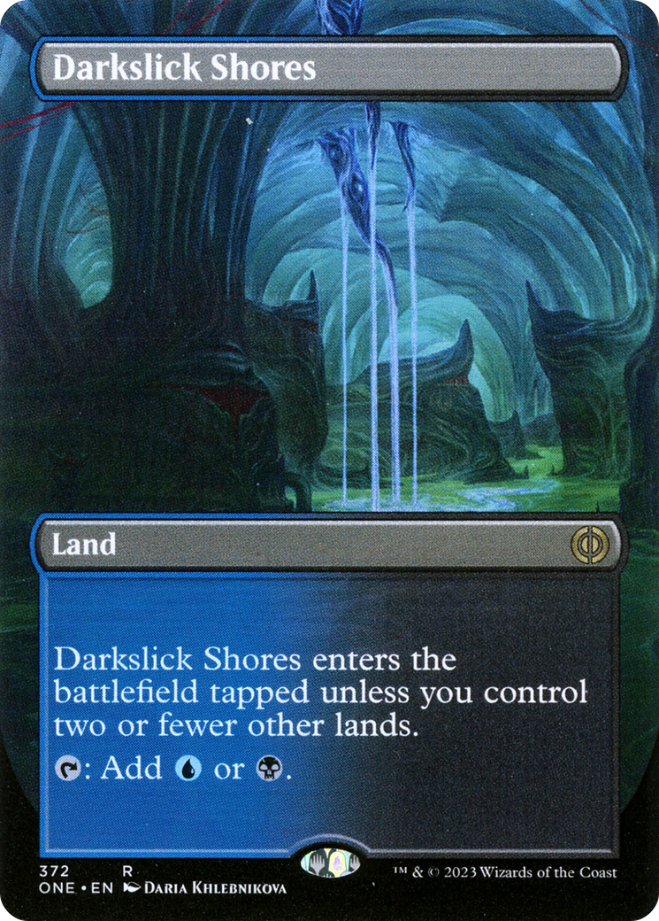 Darkslick Shores (Borderless) (ONE-372) [Phyrexia: All Will Be One] Foil