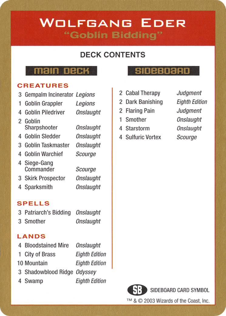 Wolfgang Eder Decklist (WCD-WE0B) [World Championship Decks 2003]