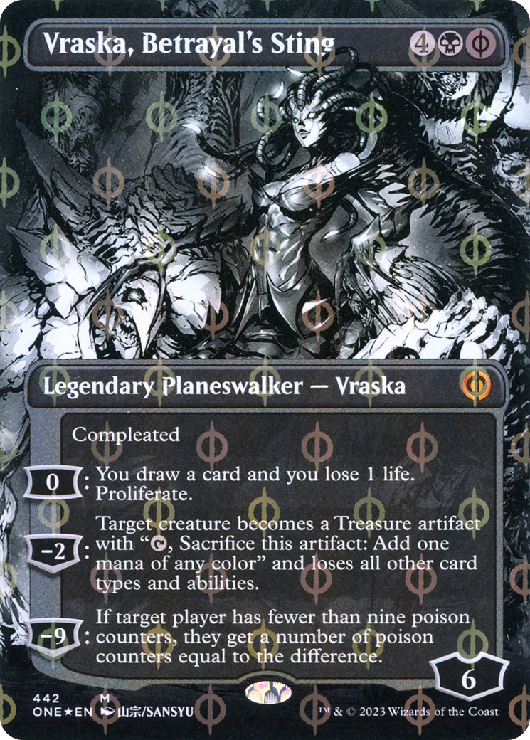 Vraska, Betrayal's Sting (Borderless) (Step-and-Compleat Foil) (ONE-442) (Showcase) [Phyrexia: All Will Be One] Foil