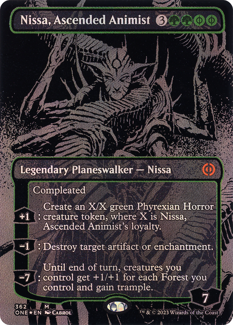 Nissa, Ascended Animist (Oil Slick Raised Foil) (ONE-362) (Borderless) [Phyrexia: All Will Be One] Foil
