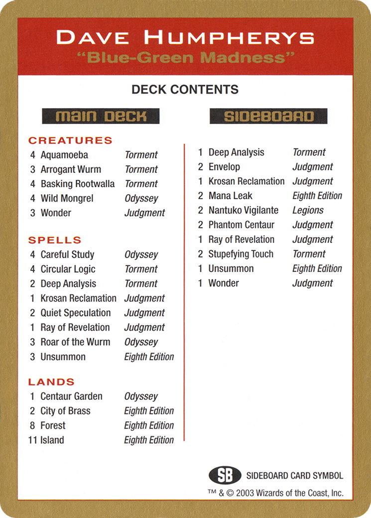 Dave Humpherys Decklist (WCD-DH0B) [World Championship Decks 2003]