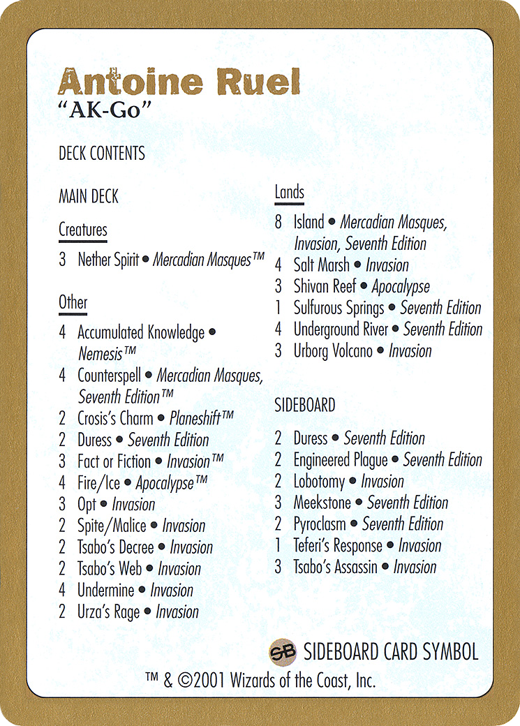 Antoine Ruel Decklist (WCD-AR0B) [World Championship Decks 2001]