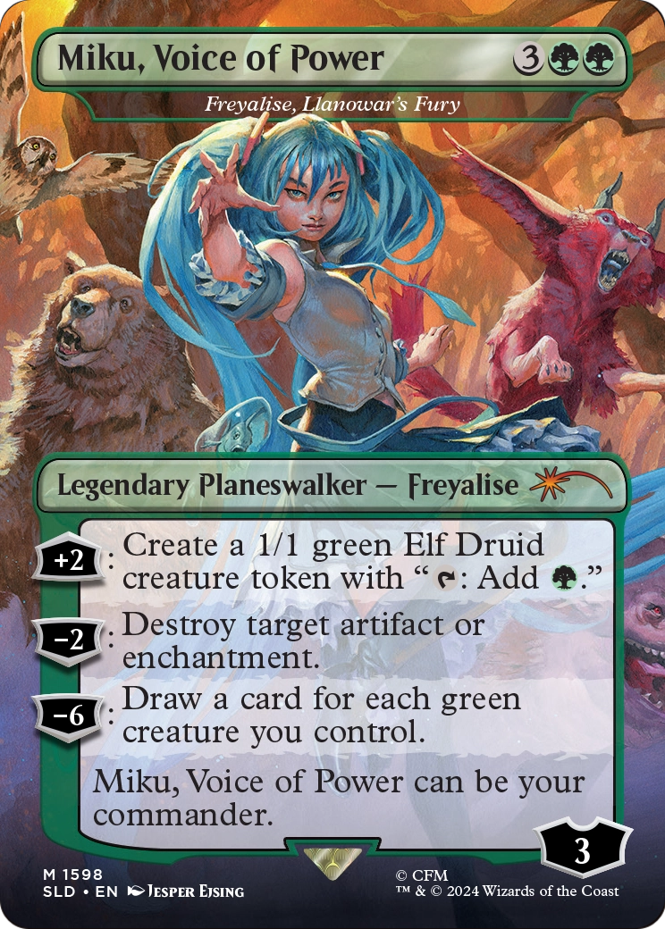 Miku, Voice of Power - Freyalise, Llanowar's Fury (SLD-1598) (Borderless) [Secret Lair Drop]