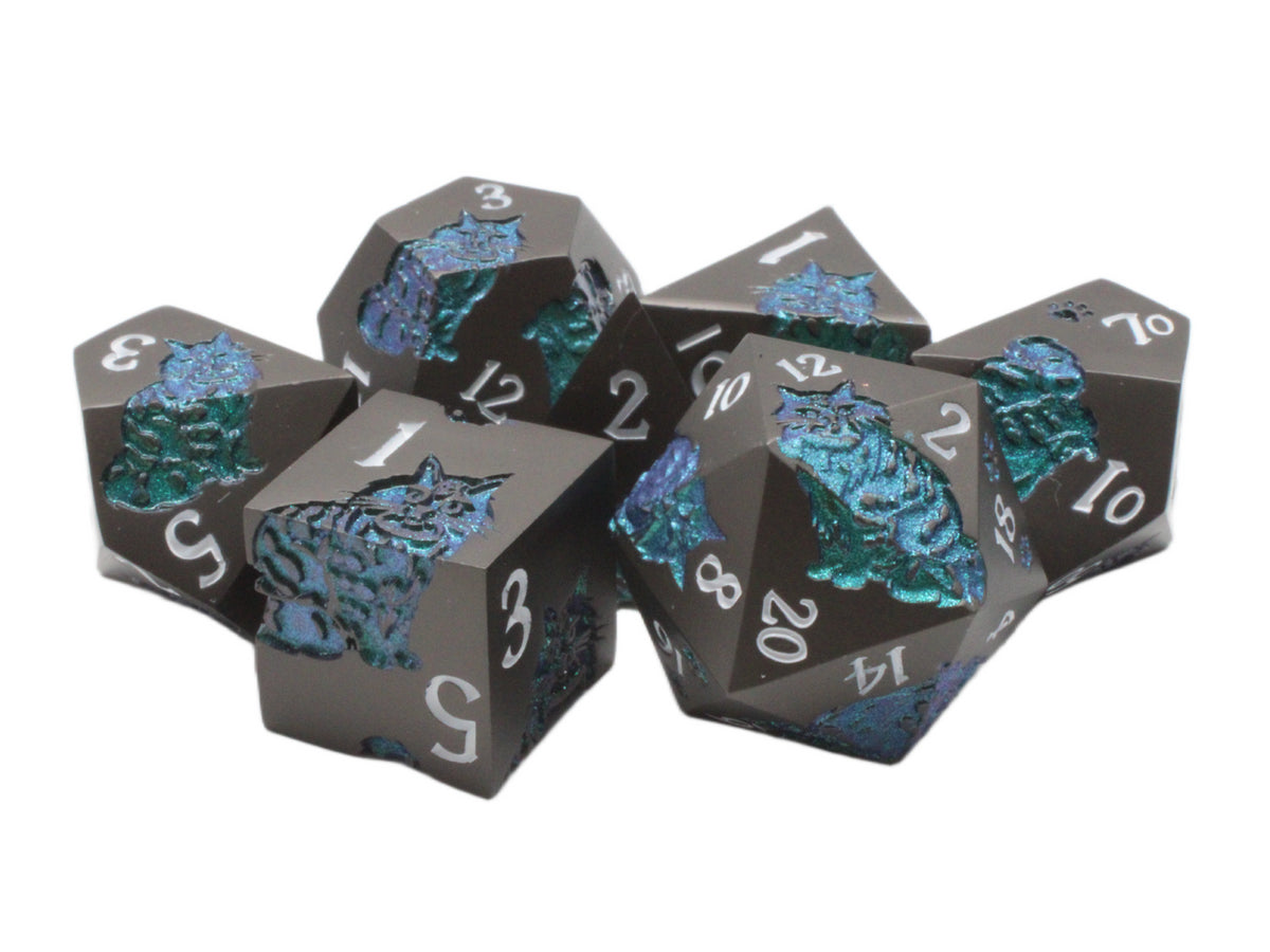 Old School Dice - Nine Lives: Black w/ Green Metal 7 Die Set