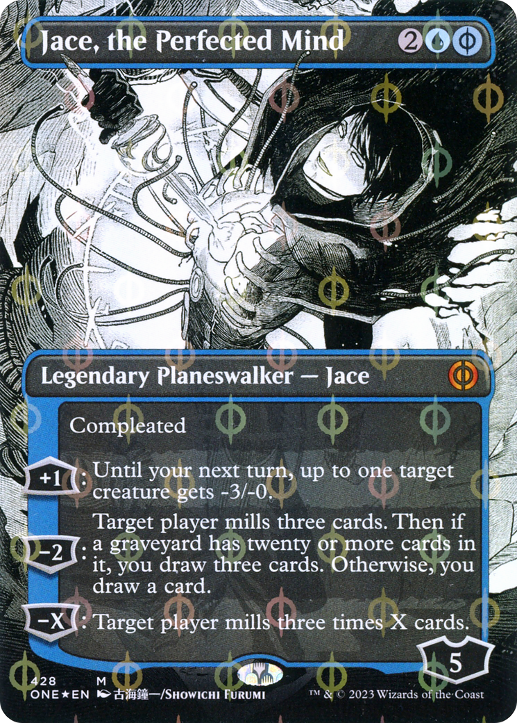 Jace, the Perfected Mind (Borderless) (Step-and-Compleat Foil) (ONE-428) (Showcase) [Phyrexia: All Will Be One] Foil