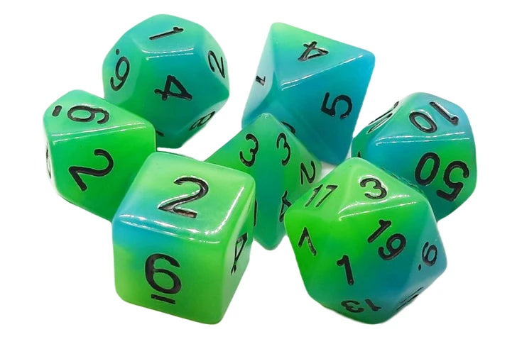 Old School Dice - Glow Dice: Green & Blue 7 Die Set