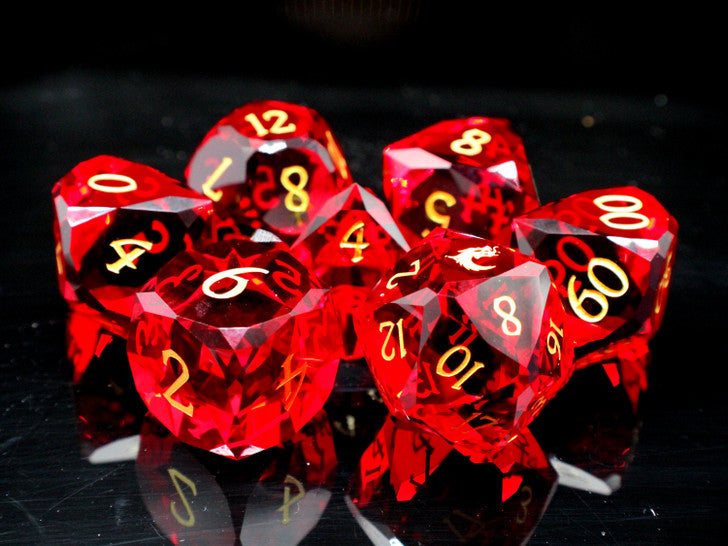 Old School Dice - Diamond Cut - Red Ruby Gemstone 7 Die Set
