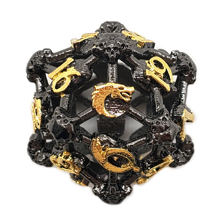 Old School Dice - Spindown d20 - Hollow Skull Black Nickel w/ Gold