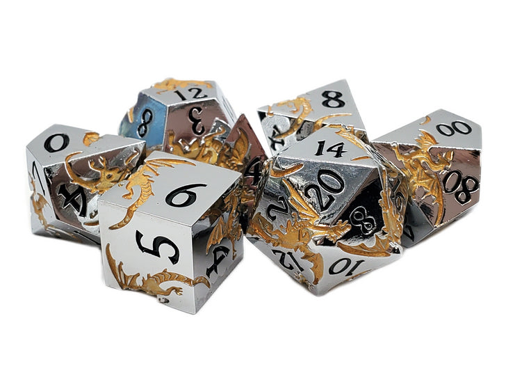 Old School Dice - Soaring Dragon: Silver w/ Gold Metal 7 Die Set