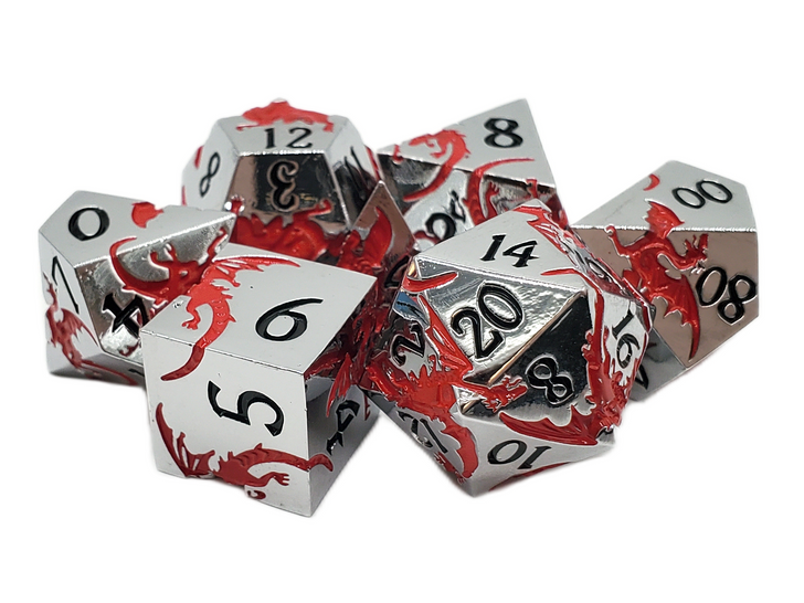 Old School Dice - Soaring Dragon: Silver w/ Red Metal 7 Die Set